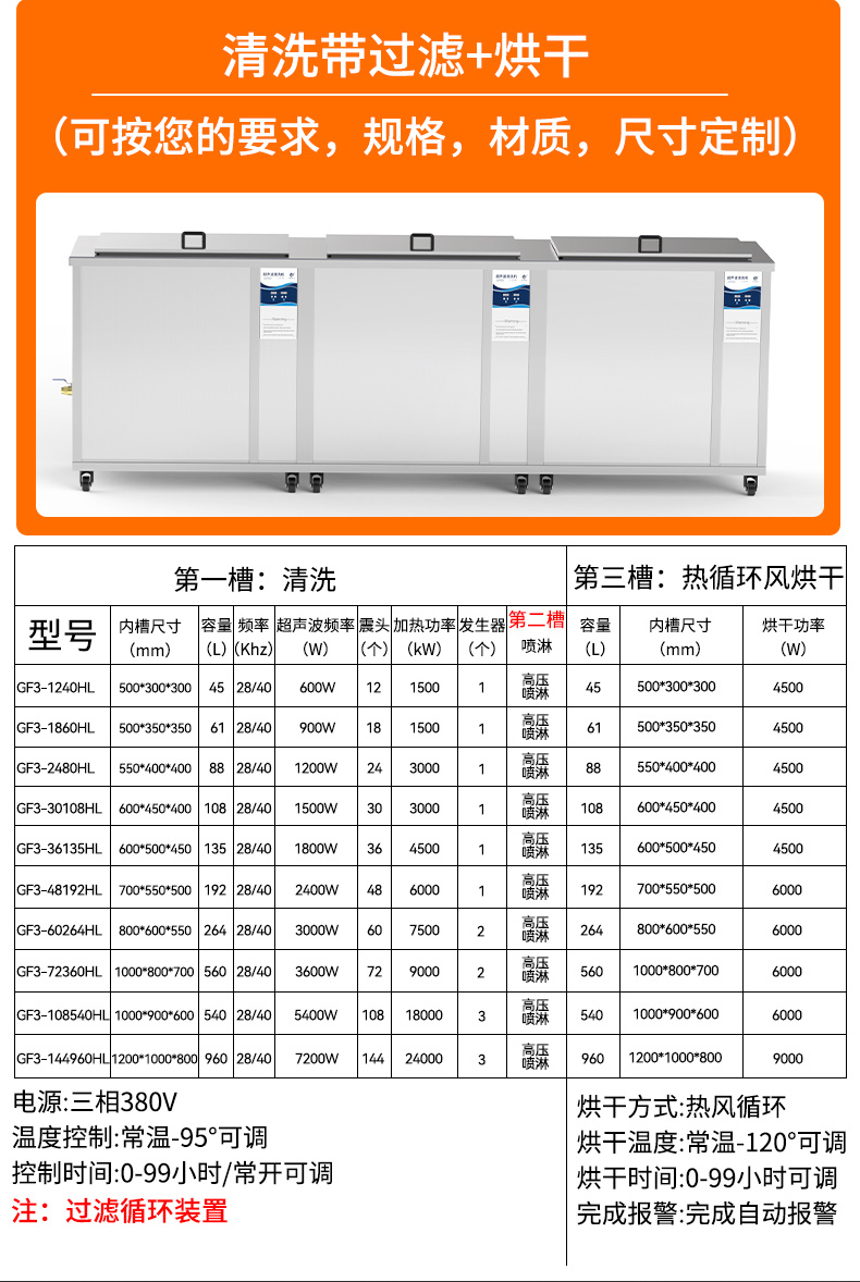 冠博仕GF30108HL三槽超聲波清洗機(jī) | 108L / 1500W | 工業(yè)級(jí)過濾漂洗烘干設(shè)備 | 五金模具汽修零件強(qiáng)力除油除銹清潔機(jī)